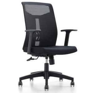 Black Carshena Office Chair with mesh back, fabric seat, adjustable arms, and durable plastic base