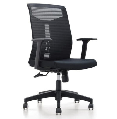 Black Carshena Office Chair with mesh back, fabric seat, adjustable arms, and durable plastic base