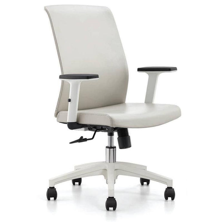 White Carshena Office Chair with mesh back, fabric seat, adjustable arms, and durable plastic base