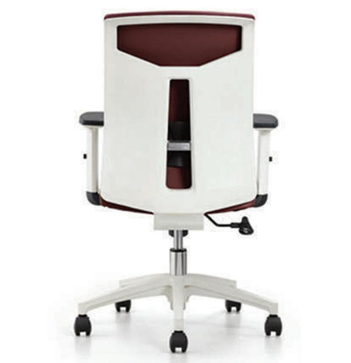 White Carshena Office Chair with mesh back, fabric seat, adjustable arms, and durable plastic base