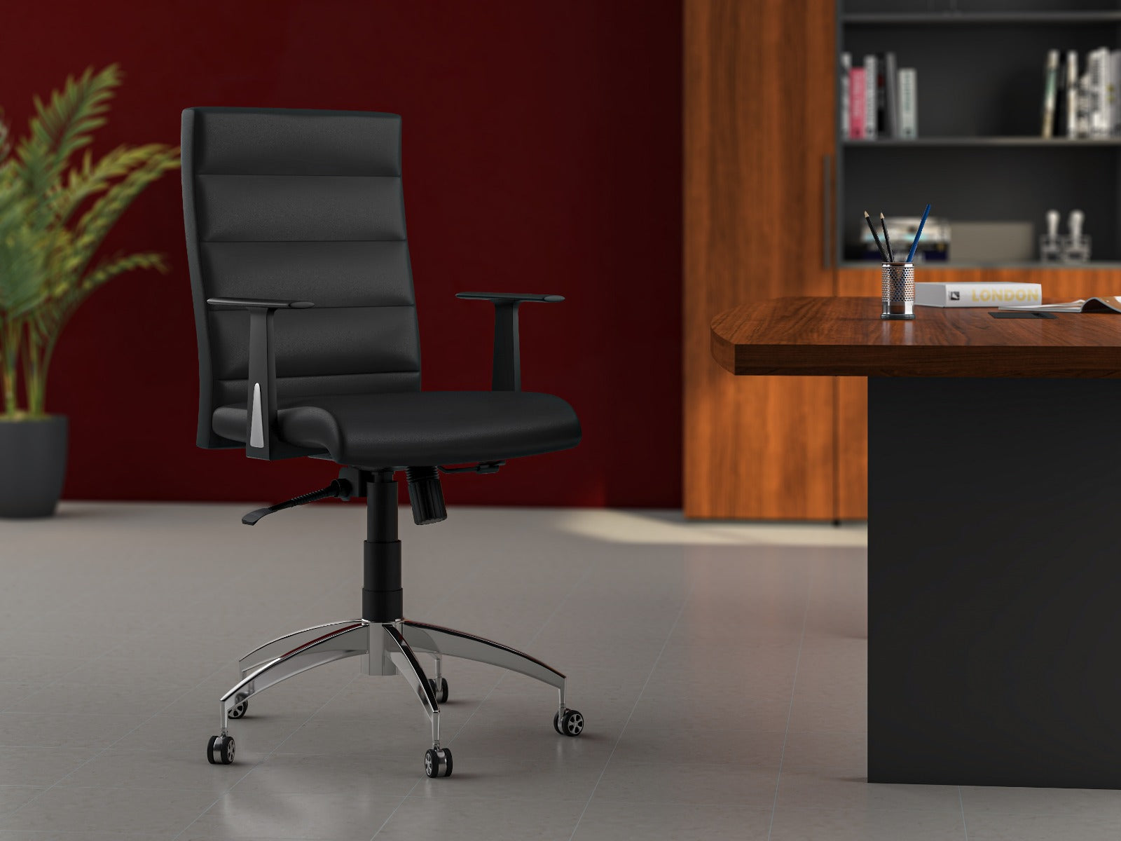 Staff Office Chair with black leatherette padded seat and back, synchronized tilting mechanism, gas lift, aluminum base, and caster wheels.
