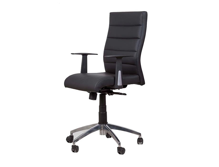 Staff Office Chair with black leatherette padded seat and back, synchronized tilting mechanism, gas lift, aluminum base, and caster wheels.