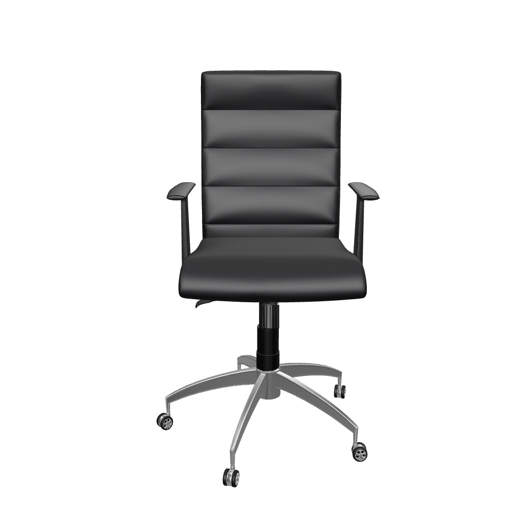Staff Office Chair with black leatherette padded seat and back, synchronized tilting mechanism, gas lift, aluminum base, and caster wheels.