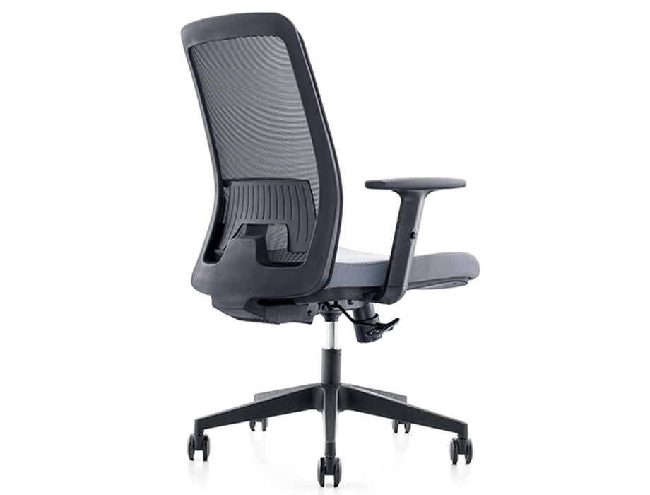 Staff Office Chair with nylon mesh back, fabric seat with high-density foam, adjustable armrests, lumbar support, gas lift, and PU caster wheels