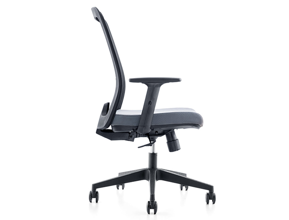 Staff Office Chair with nylon mesh back, fabric seat with high-density foam, adjustable armrests, lumbar support, gas lift, and PU caster wheels