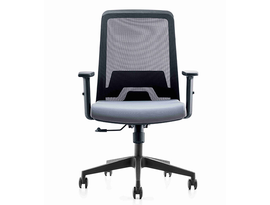 Staff Office Chair with nylon mesh back, fabric seat with high-density foam, adjustable armrests, lumbar support, gas lift, and PU caster wheels