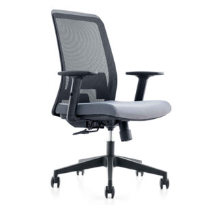 Staff Office Chair with nylon mesh back, fabric seat with high-density foam, adjustable armrests, lumbar support, gas lift, and PU caster wheels