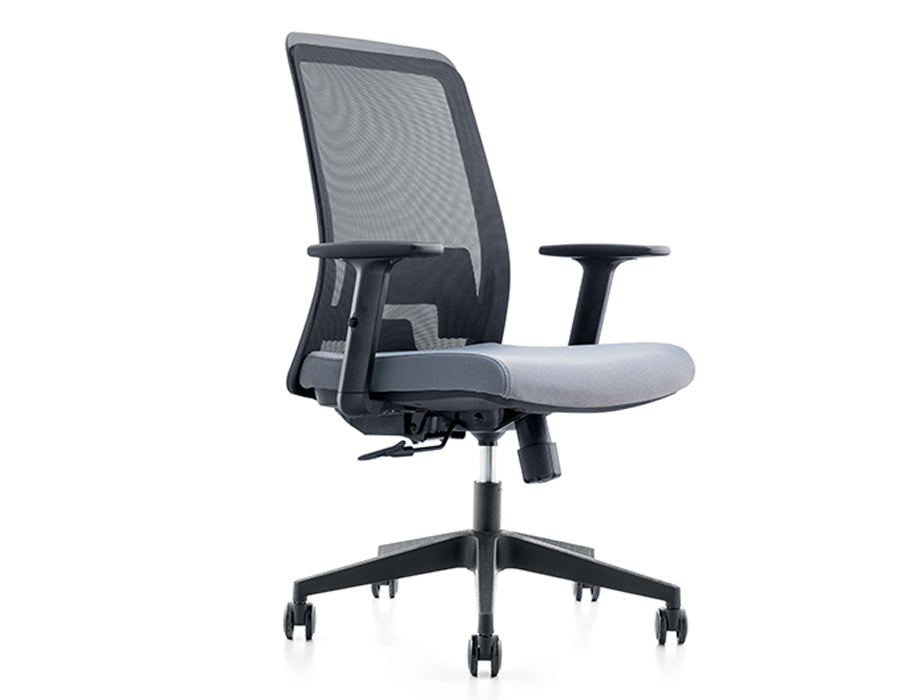 Staff Office Chair with nylon mesh back, fabric seat with high-density foam, adjustable armrests, lumbar support, gas lift, and PU caster wheels