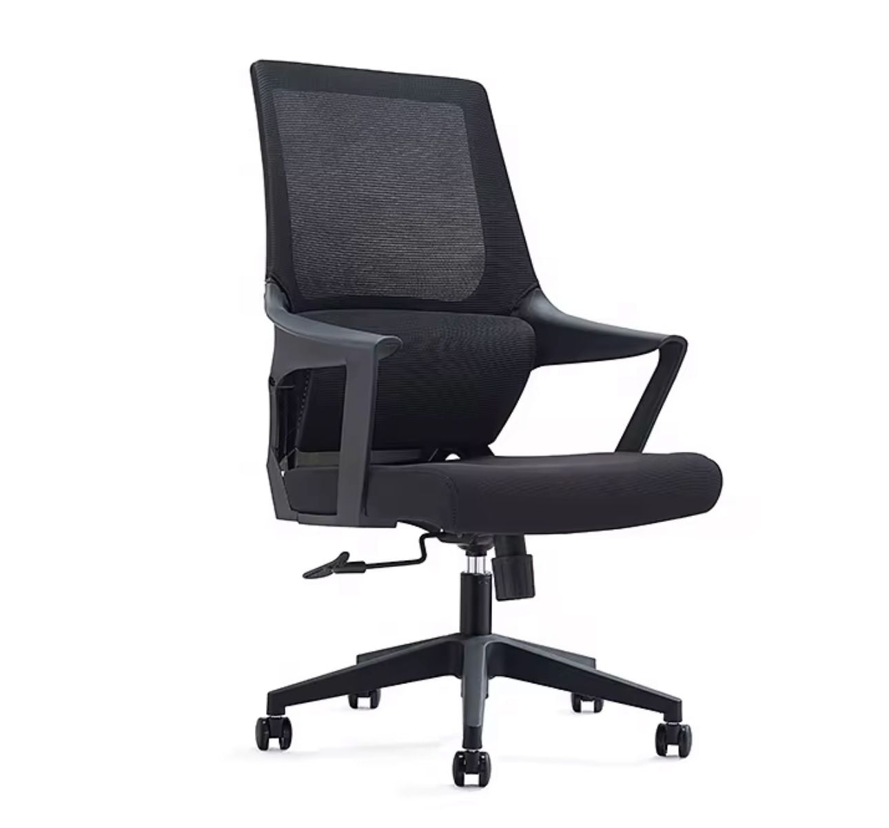 Staff Office Chair with high-quality mesh back, fixed armrests, tilt mechanism with single lock, and 1-year base warranty.