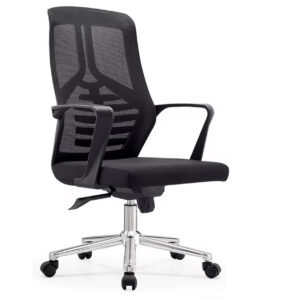 Staff Office Chair with imported mesh back, fixed armrests, lumbar support, tilt mechanism with single lock, and 1-year base warranty
