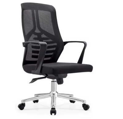 Staff Office Chair with imported mesh back, fixed armrests, lumbar support, tilt mechanism with single lock, and 1-year base warranty