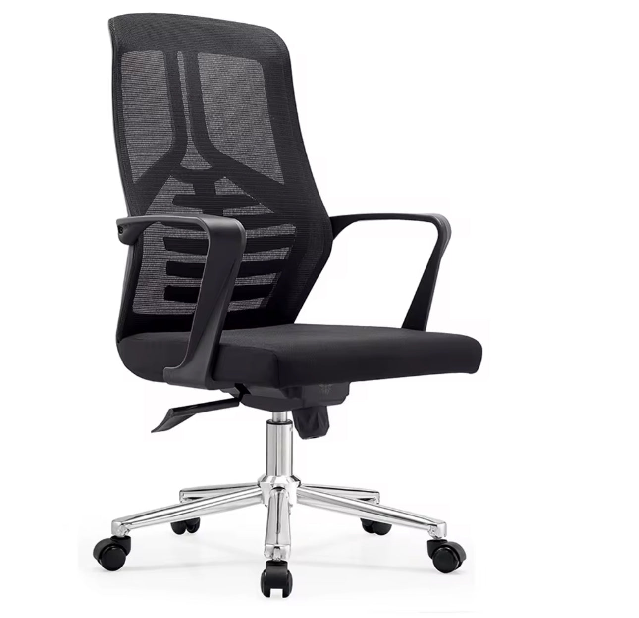 Staff Office Chair with imported mesh back, fixed armrests, lumbar support, tilt mechanism with single lock, and 1-year base warranty
