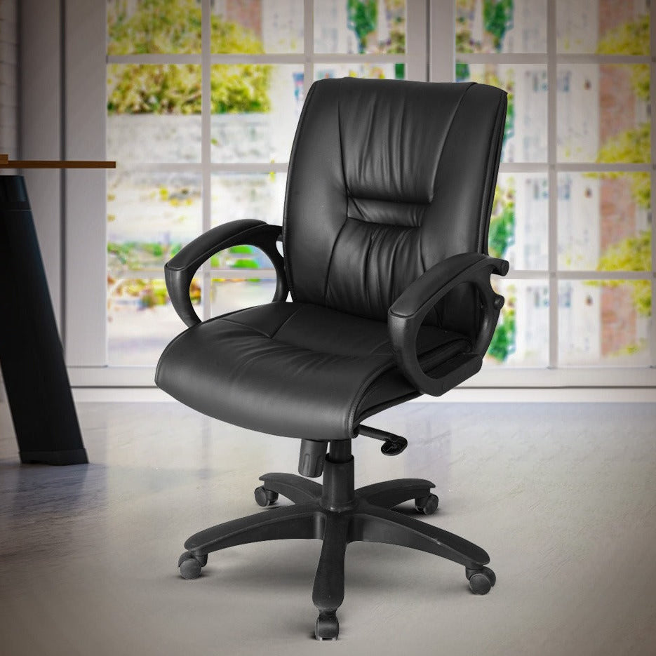 Staff Office Chair with adjustable seat height, lumbar support, seat tension, and friction-free castors.