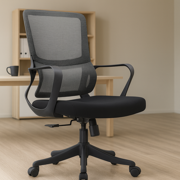 Velo Office Chair with breathable mesh back, lumbar support, padded seat, fixed armrests, and smooth-rolling wheels